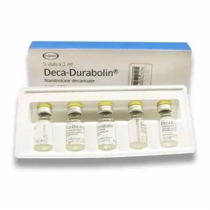 Vial of Deca Durabolin 500mg with injection syringe on a reflective surface, representing anabolic steroid used for muscle growth and recovery.