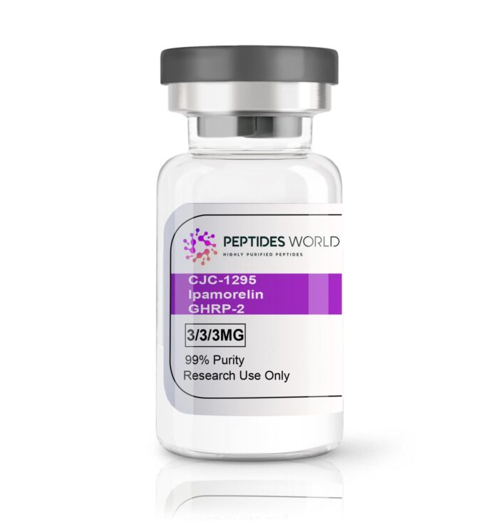 Vial of CJC 1295 peptide, used for growth hormone release stimulation in muscle building and performance enhancement.