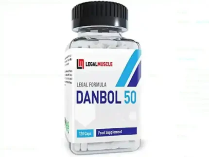 Bottle of Dbol Fuel 50 tablets displayed on a dark gym bench, with muscular arms and a shaker in the background—promoting rapid muscle gain.