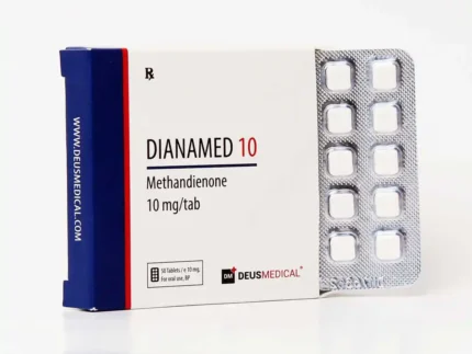 Dianamed 10 Methandienone tablets labeled with dosage, commonly used for rapid muscle growth and strength enhancement.