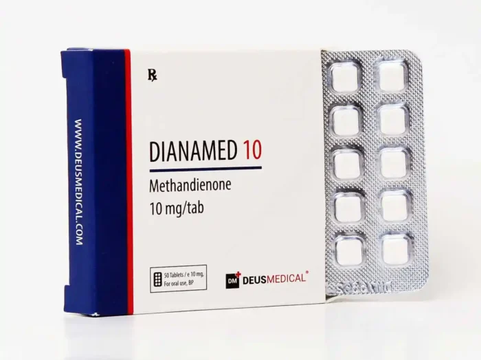 Dianamed 10 Methandienone tablets labeled with dosage, commonly used for rapid muscle growth and strength enhancement.