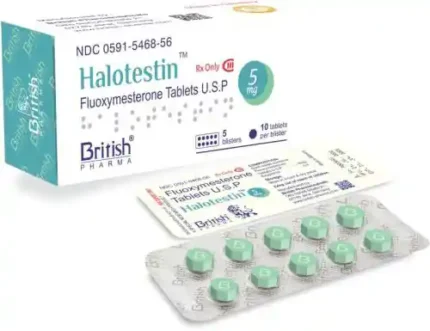 Blister pack of Fluoxymesterone (Halotestin) tablets labeled 10mg, used for strength enhancement and muscle hardening.