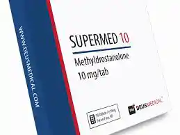 Blister pack of Supermed 10 Methandienone tablets with clear labeling showing 10mg dosage.