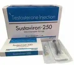 Vial of Sustaviron-250 testosterone blend displayed on a sterile surface with a labeled box in the background. Designed for legal steroid use and testosterone replacement therapy.