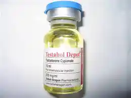 Glass vial of Testabol Depot injectable testosterone, designed for hormone replacement and muscle gain.