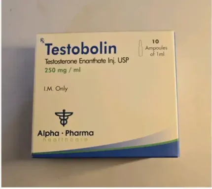 Vial labeled Testobolin 250ml Injection placed on a clinical surface with syringe, showcasing legal anabolic steroid for testosterone enhancement.