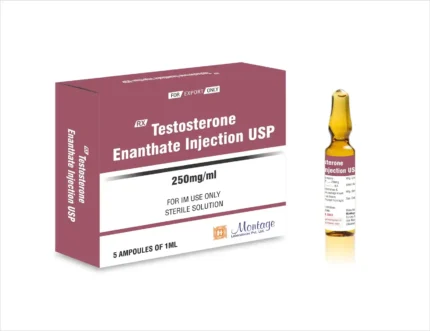 Vial of Testosterone Enanthate injection with syringe beside it, representing a legal anabolic steroid used for muscle building and hormone therapy.