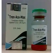 Vial labeled Tren-Ace-Max 100mg/ml resting on a dark reflective surface, symbolizing potent muscle hardening and fat-burning properties of trenbolone acetate.