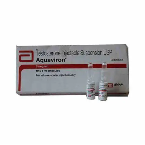 Clear ampoule of Aquaviron 40 Fast-Release, an oral aqueous testosterone suspension designed for rapid testosterone support and hormonal balance.