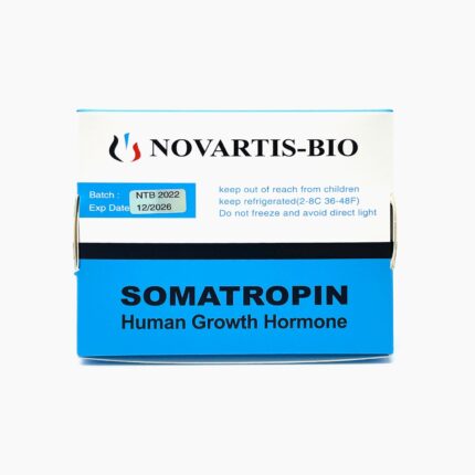 A vial of Novartis Bio Somatropin, a recombinant human growth hormone used for hormone replacement therapy and muscle growth support, placed on a sterile medical tray.