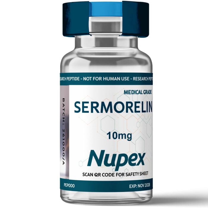 Close-up image of a Sermorelin peptide vial with syringe on a sterile white medical tray, representing high-purity injectable growth hormone-releasing therapy.