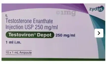 Vial of Testovorin Depot 250mg/ml testosterone enanthate placed on a clinical background, used for muscle growth, TRT, and hormonal support.