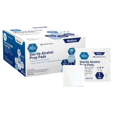 Box of sterile alcohol prep pads used for disinfecting skin and vials before injections
