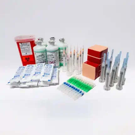 Complete injection kit with syringes, needles, vials, alcohol pads, and sharps container for safe medication preparation